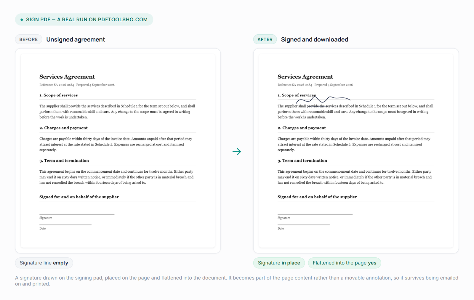 The signature block of a services agreement before and after signing. The left copy has an empty ruled signature line; the right copy carries a handwritten signature sitting on that line, drawn rather than typed.